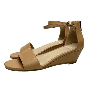 Eileen Fisher Womens 8 Mara Tan Leather Ankle Strap Wedge Sandals Comfort Shoes